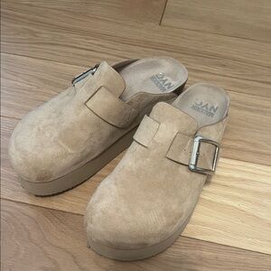 Madden NYC Platform Suede Mules with Buckle - Beige